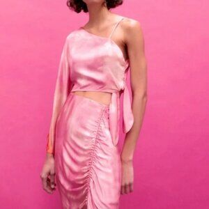ZARA Ruched Tie Dye Midi Skirt with a slit in Pink and Orange